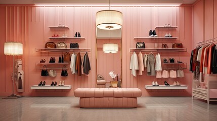 Contemporary interior of dressing room featuring fashionable womens clothes and shoe display. - obrazy, fototapety, plakaty