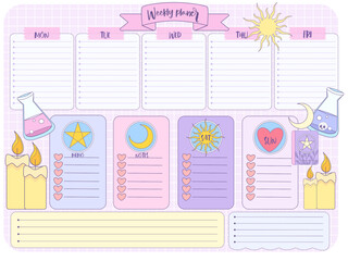 Cute girls school timetable with magic star moon  poison , blue, pink, white, magenta, cartoon character, empty to do list, weekly planer for kid's education, reminder ready for print  inspiration