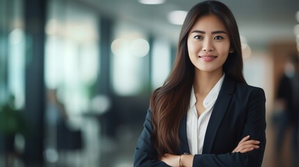 Naklejka premium Portrait of a young Asian businesswoman standing with her arms crossed in an office. generative ai