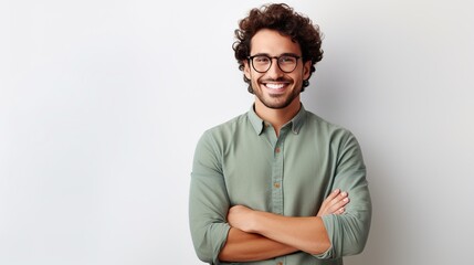 Young man with crossed arms against a white background - obrazy, fototapety, plakaty
