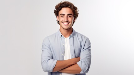 Young man with crossed arms against a white background