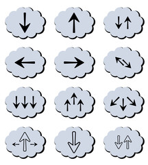 Clouds download. Set of icons for web, business. Black and gray vector clouds with arrows. Upload buttons