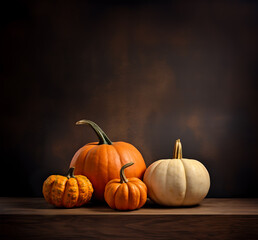Naklejka na ściany i meble Pumpkins on a Wooden Table with Copy Space - Dark Rustic Background - Generative AI