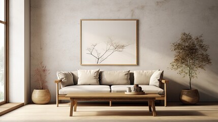Illustration of a wooden frame, low sofa, coffee table, and dried grass in a warm neutral interior with a concrete wall background.