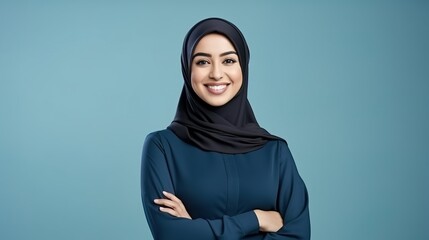 Young confident arabian asian muslim woman in abaya hijab with hands crossed folded isolated on a plain blue background studio portrait. generative ai