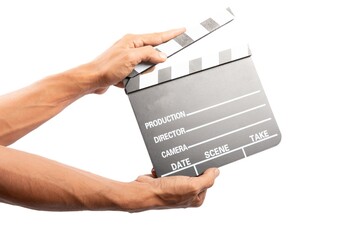 Black male hands holding film clapper isolated on white background