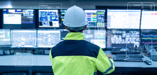 Engineer working at control room,Manager control system,Technician man monitoring program from a...