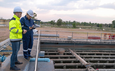 Fototapeta premium Environmental engineers work at wastewater treatment plants,Water supply engineering working at Water recycling plant for reuse,Technicians and engineers discuss work together.
