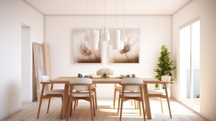 Interior design inspiration of Scandinavian Minimalist style home dining room loveliness decorated with White and Wood material and Statement Art .Generative AI home interior design .