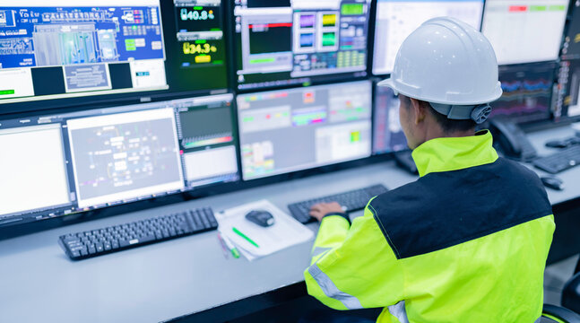 Engineer working at control room,Manager control system,Technician man monitoring program from a lot of monitor