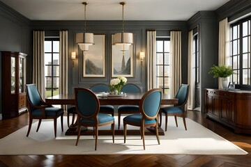 scene showcasing the sophistication of a Colonial Revival dining room, featuring a classic wooden table set for a luxurious dinner