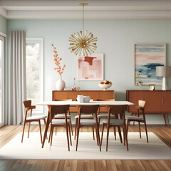 Mid-Century Modern Dining Room: With iconic furniture pieces, clean lines, and warm wood tones, this design pays homage to the 1950s and 60s. AI Generated