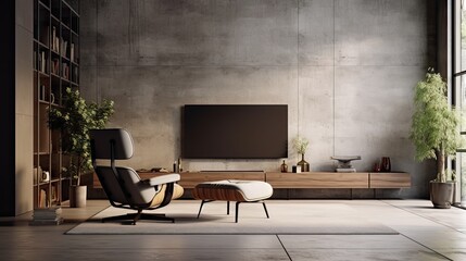 Living room with TV cabinet, gray armchair, and concrete wall.