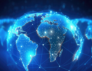 Fototapeta premium Map of the planet. Blue futuristic background with planet Earth. Worldwide network connection, digital telecommunication, big data, digital transformation, cloud computing, IoT, cryptocurrency.