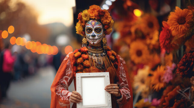 During the dia de los muertos celebration, a woman wearing Catrina makeup honors her deceased loved ones by displaying a photo of them in an empty photo frame. mexican holiday,mockup,Halloween,