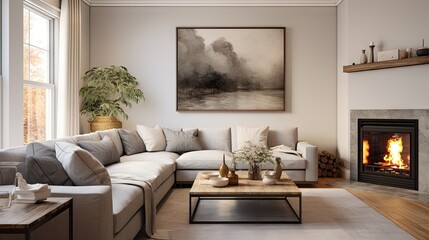 Real photo of a warm living room interior featuring a wooden table, grey corner settee, painting, and fireplace.