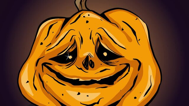 Halloween scene animation motion graphic. Scary orange pumpkin with a creepy smile jumping forward and back. Halloween seamless looping background or banner. 