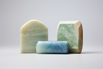 An assortment of colorful, artisanal soaps arranged in a decorative manner.