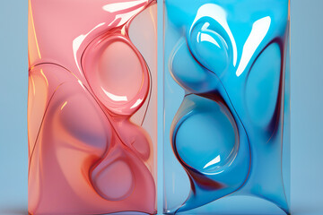 Abstract merging of glass shapes in blue and pink on a blue background, resembling a scientific concept.