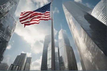 Papier Peint photo Etats Unis city skyline, american flag on the wind