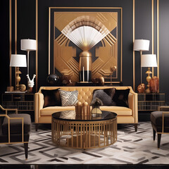 Art Deco Living Room: Glamorous and luxurious, this style showcases bold geometric patterns, rich colors, and ornate details. AI Generated