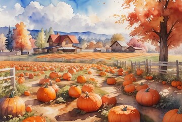 Watercolor landscape of pumpkin field house farm autumn harvest season, Cozy Seasonal Harvest Scene, Abundance, Cozy Fall Wallpaper, Autumn Background, Greeting Card, Thanksgiving Day