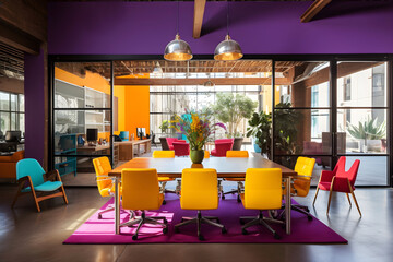Conference hall or coworking space in bold vivid colors, modern dynamic design
