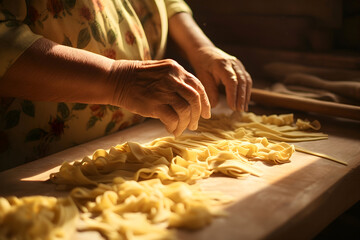 Senior Italian woman in the process of making pasta in a village house kitchen, concept of Italian cuisine, traditional cooking, family traditions and the art of making homemade pasta.