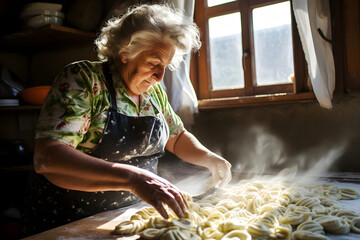 Senior Italian woman in the process of making pasta in a village house kitchen, concept of Italian cuisine, traditional cooking, family traditions and the art of making homemade pasta...... - obrazy, fototapety, plakaty