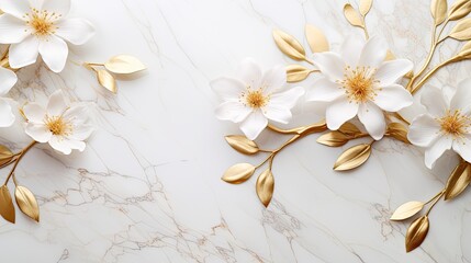 Elegant flat lay of gold-infused flower patterns on a white marble canvas. Wedding, bride, exclusive events design. 