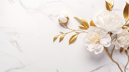 Gleaming gold floral outlines etched against a pristine white marble. Wedding card. 