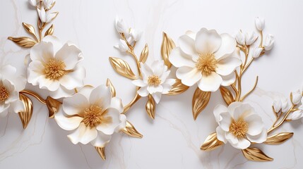 Intricate golden flowers patterned on pristine white marble, capturing elegance.
