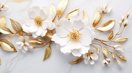 Intricate golden flowers patterned on pristine white marble, capturing elegance.