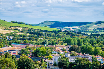 Fototapeta na wymiar A view from the ramparts of the castle keep towards the South Downs in Lewes, Sussex, UK in summertime