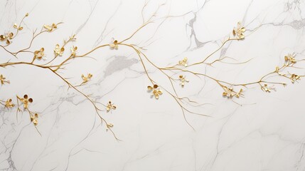 White marble surface infused with delicate gold floral veins, ideal as a luxurious backdrop. Glamor design for exclusive occasions, events, wedding card, invitation, voucher.  - obrazy, fototapety, plakaty