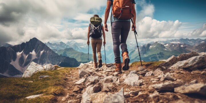 hikers walking shoes through alps Generative AI