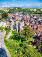 A view from the ramparts of the castle keep over the castle grounds and High Street in Lewes, Sussex, UK in summertime © Nicola