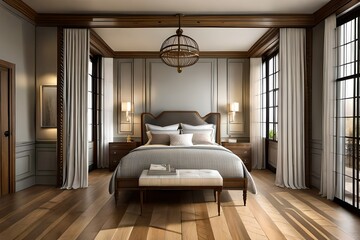 a cozy American Colonial bedroom with a four-poster bed and lace curtains