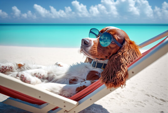 Dog in sunglasses lying sunbathing on the beach
