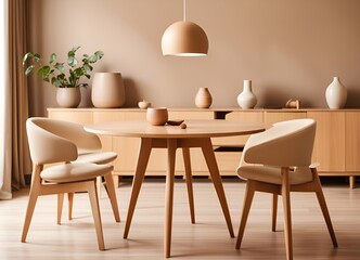 Beige color chairs at round wooden dining table in room with sofa and cabinet near beige wall. Scandinavian, mid-century home interior design