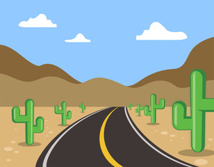 left turn on desert road, cactus and sand, blue sky, vector illustration 