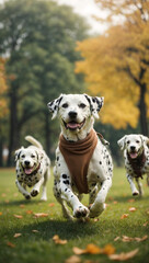 Autumn Playtime: Group of Cute and Funny Dalmatian Dogs Running and Playing on Green Grass in the Park - Capturing the Joyful Moments of Furry Friends in Fall