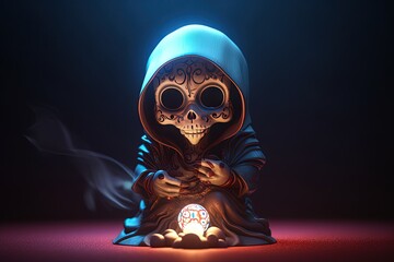 Skeleton with floral ornamental skull sitting near altar, 3d style. Santa muerte death concept. Big headed statuette with glowing light - obrazy, fototapety, plakaty