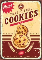 Retro advertisement for traditional homemade cookies. Food poster with delicious cakes. Baked sweets and desserts vintage vector sign template.