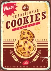 Poster Retro advertisement for traditional homemade cookies. Food poster with delicious cakes. Baked sweets and desserts vintage vector sign template. © lukeruk