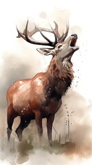 Red deer bellowing, watercolor drawing. AI generated