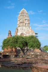 View of the old prang Buddhist temple Wat Ratchaburana (Wat Rat Burana) on a sunny day. Ayutthaya, Thailand