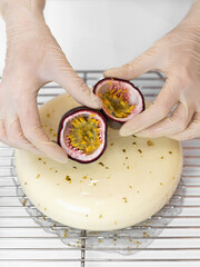 cake decorated with passion fruit