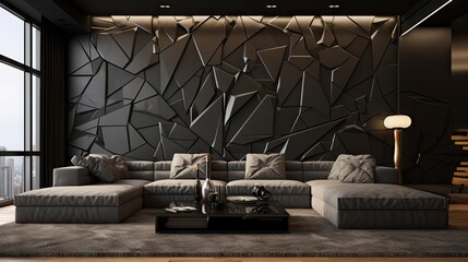 design of modern living room with black patterned wall background