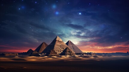 Pyramids of Giza illuminated by the moonlight and city lights in the background, casting a magical glow on these ancient wonders capture the timeless mystique of Egypt at night. - obrazy, fototapety, plakaty